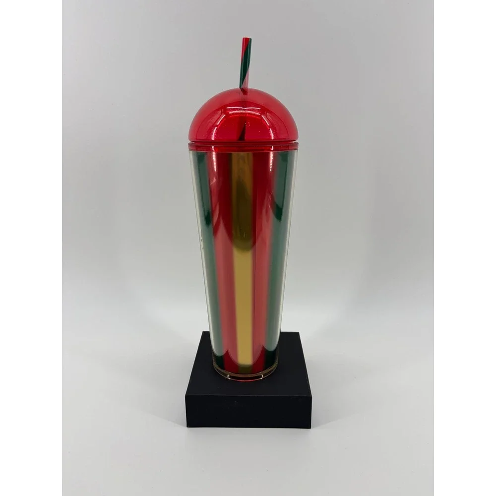 Starbucks 24oz Red Green Gold Striped Limited Edition Holiday Dome Lid Cold Cup
